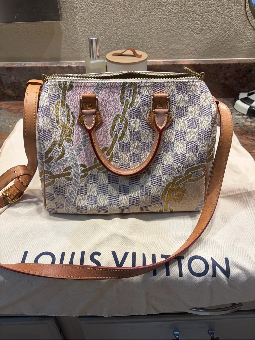 Louis Vuitton Damier Azur Satchel with Tan Leather Trim and Gold Chain Motif - Picture 7 of 8